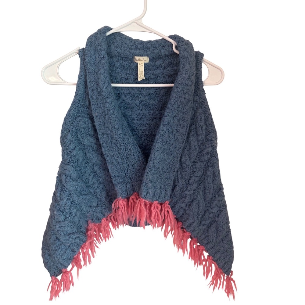 Matilda Jane Girls Blue Knit Vest Pink Fringe Accent Size‎ 8 Cable Knit EUC